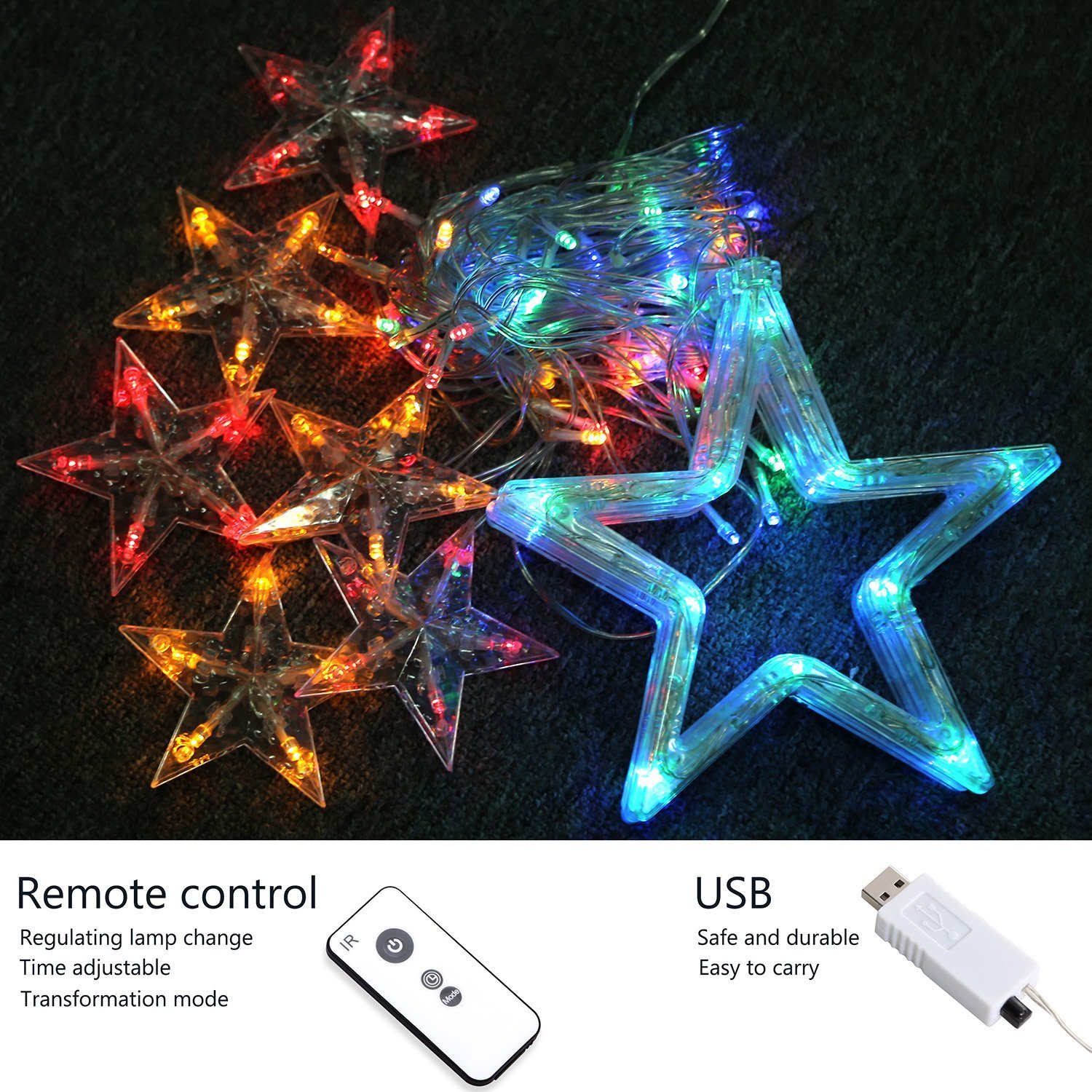 LED Sternenvorhang mit USB-Stecker 138 LED-Lichter Fernbedienung Schaltuhr 8 Modus Weihnachtlicher Lichtervorhang Lichterkette Stern Weihnachtsdekoration Dekolicht (mehrfarbig)