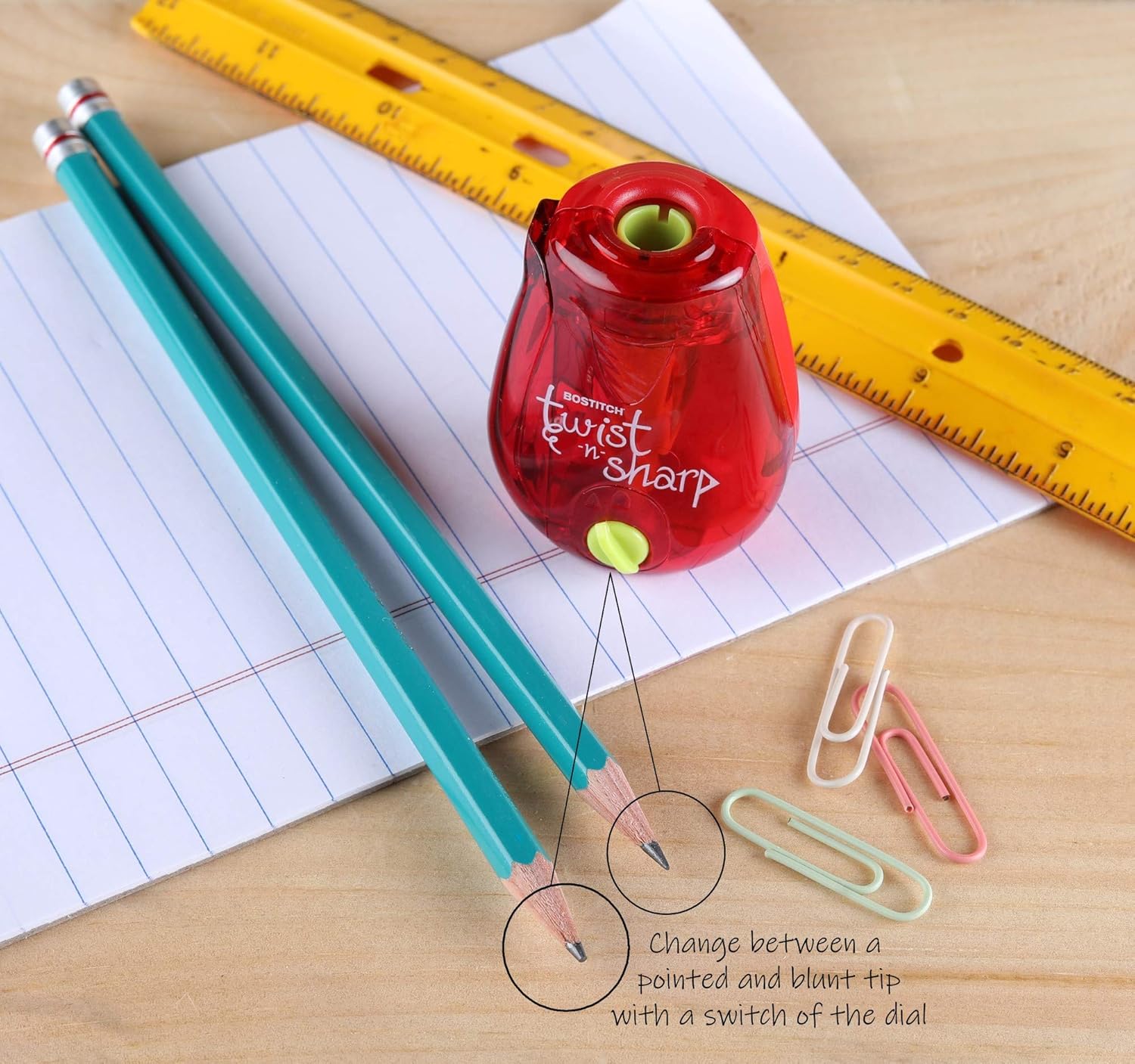 Bostitch Pencil Sharpener Twist-N-Sharp Colored Manual Small Pencil Sharpeners Hand Held, 3 Pack, Covered, Single Hole, Lime Green, Blue and Red Color Portable Handheld Sharpeners with Cover for Kids : Office Products