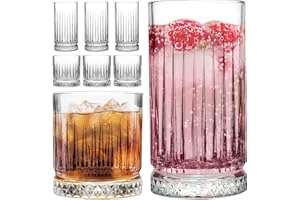Crystal Drinking Glasses, Set of 8 Durable Glass Cups-4 Highball Glasses 15oz & 4 Rocks Glasses 12oz, Mojito Cups, Cocktail G