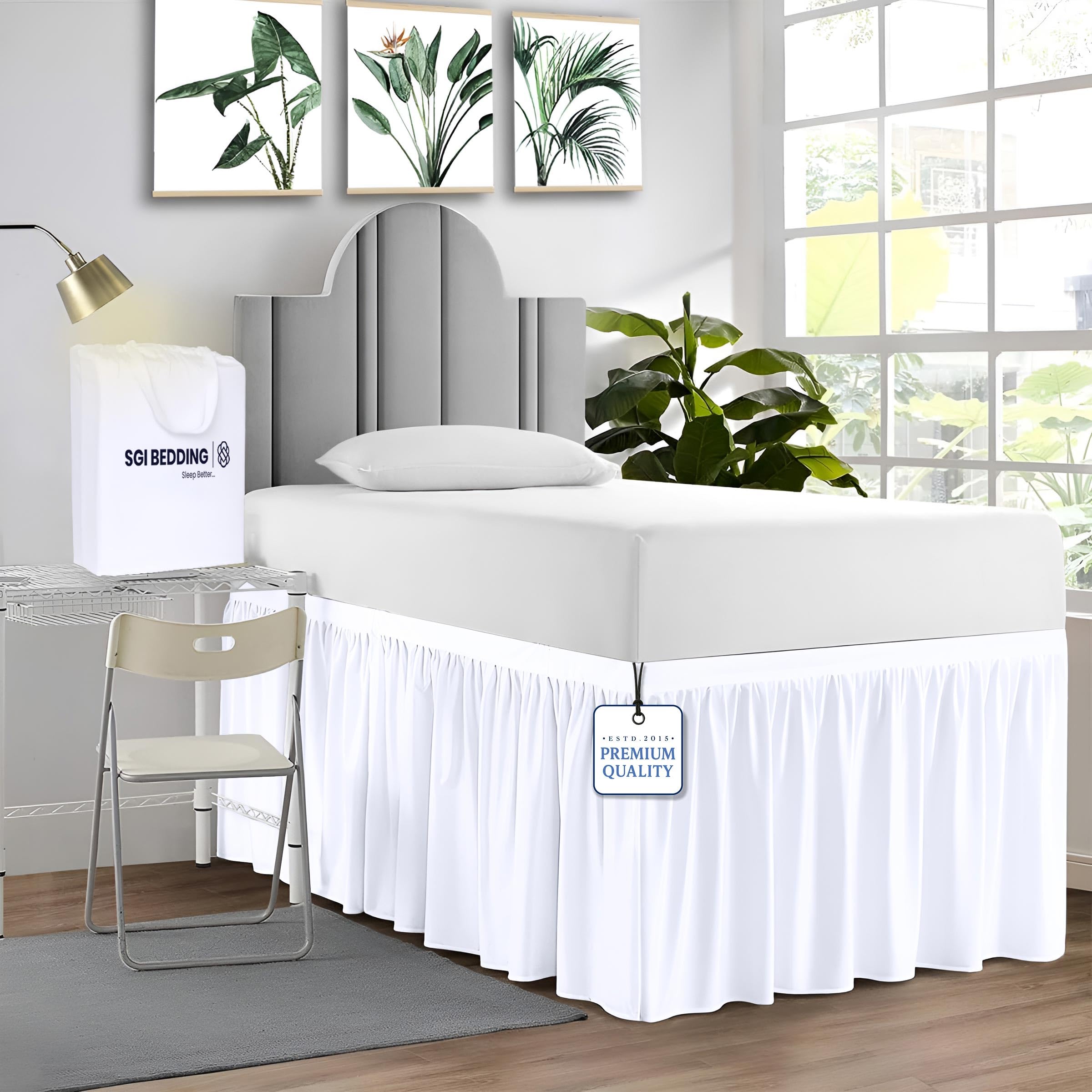Photo 1 of SGI bedding Dorm Bed Skirt Twin XL 34 Inch Drop Length - White, Ruffled Pattern College Dorm Room Bed Skirts - Split Corner, Easy Care, Wrinkle Free 1800 Series Microfiber Bed Skirt