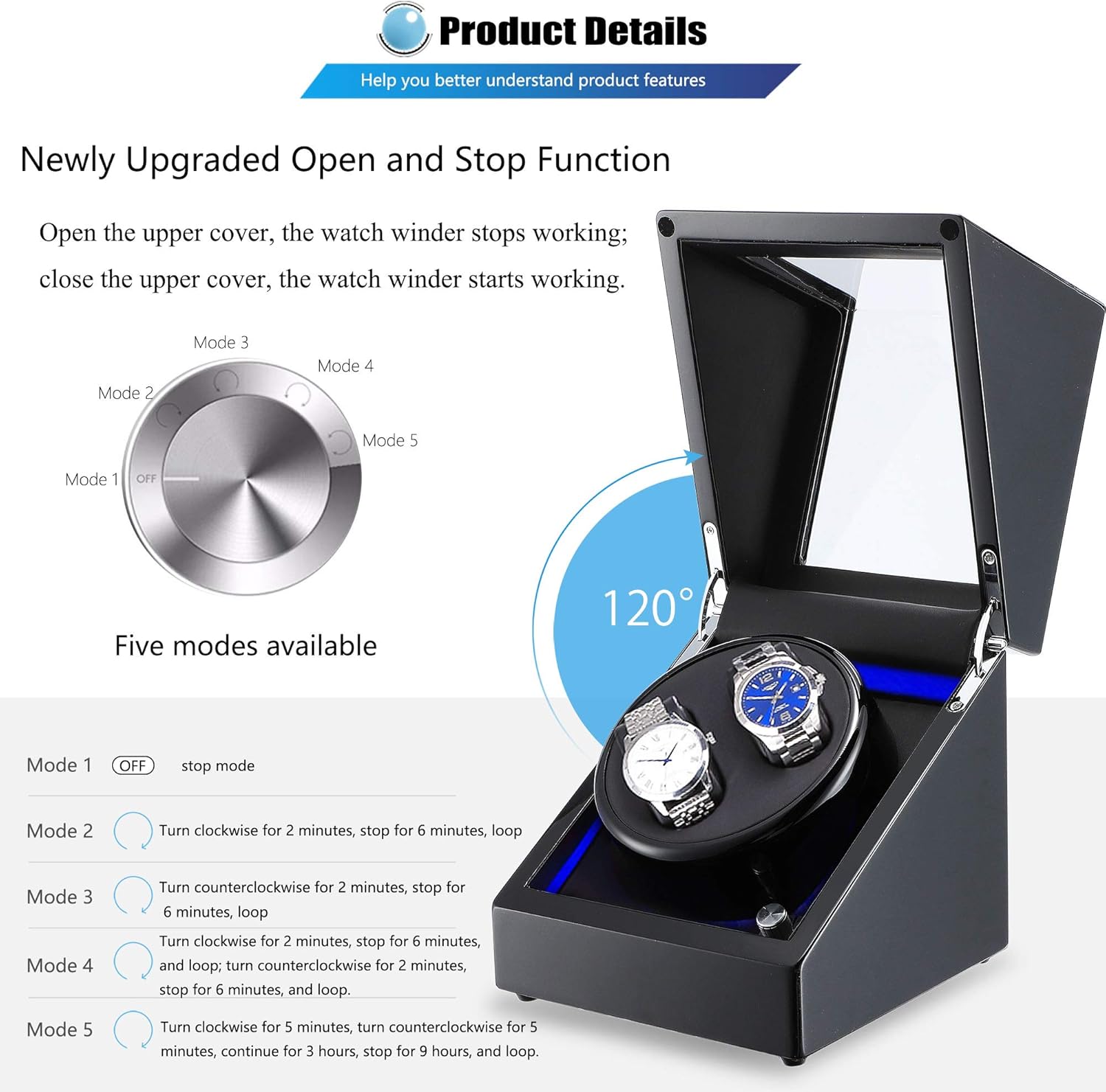 NEWTRY Automatic Watch Winder Double Watches Winder Boxes with Light Quiet Motor for Watches Display for Men and Women Gift AC Adapter and Battery Powered Not Include Watches 1 pcs (Black+Black): Home & Kitchen