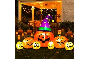 Halloween Inflatables Outdoor, 8Ft Long Cute & Lighted Blow Up Decoration Pumpkin Family with Witch Hat, Extra Large Hallowee