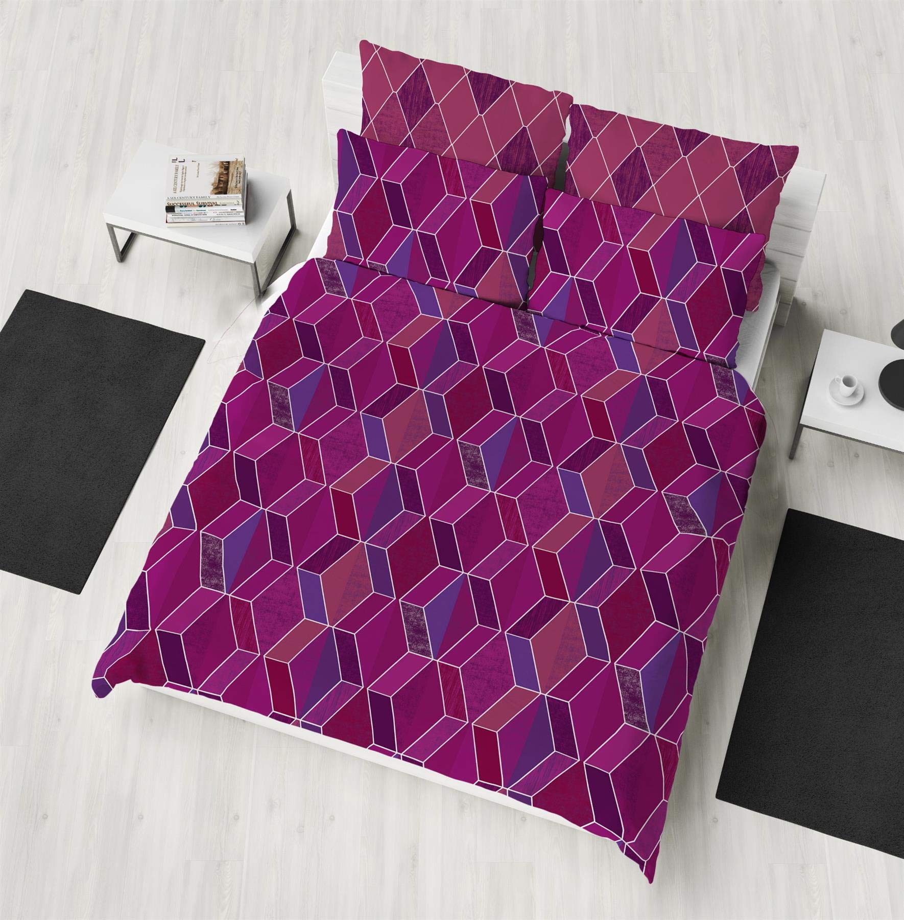 K Collection Geo Diamonds - Single/Double/King Duvet Cover Reversible Bedding Set - Polycotton - Berry, Navy, Mustard Grey
