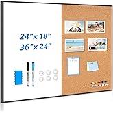 Magnetic Dry Erase White Board &amp; Cork Board Combo, 24"x18", Wall Mounted | Black Aluminum Frame, Dry Erase Board and Cork Bulletin Board, Vision Board, for Home Office, School, Kitchen