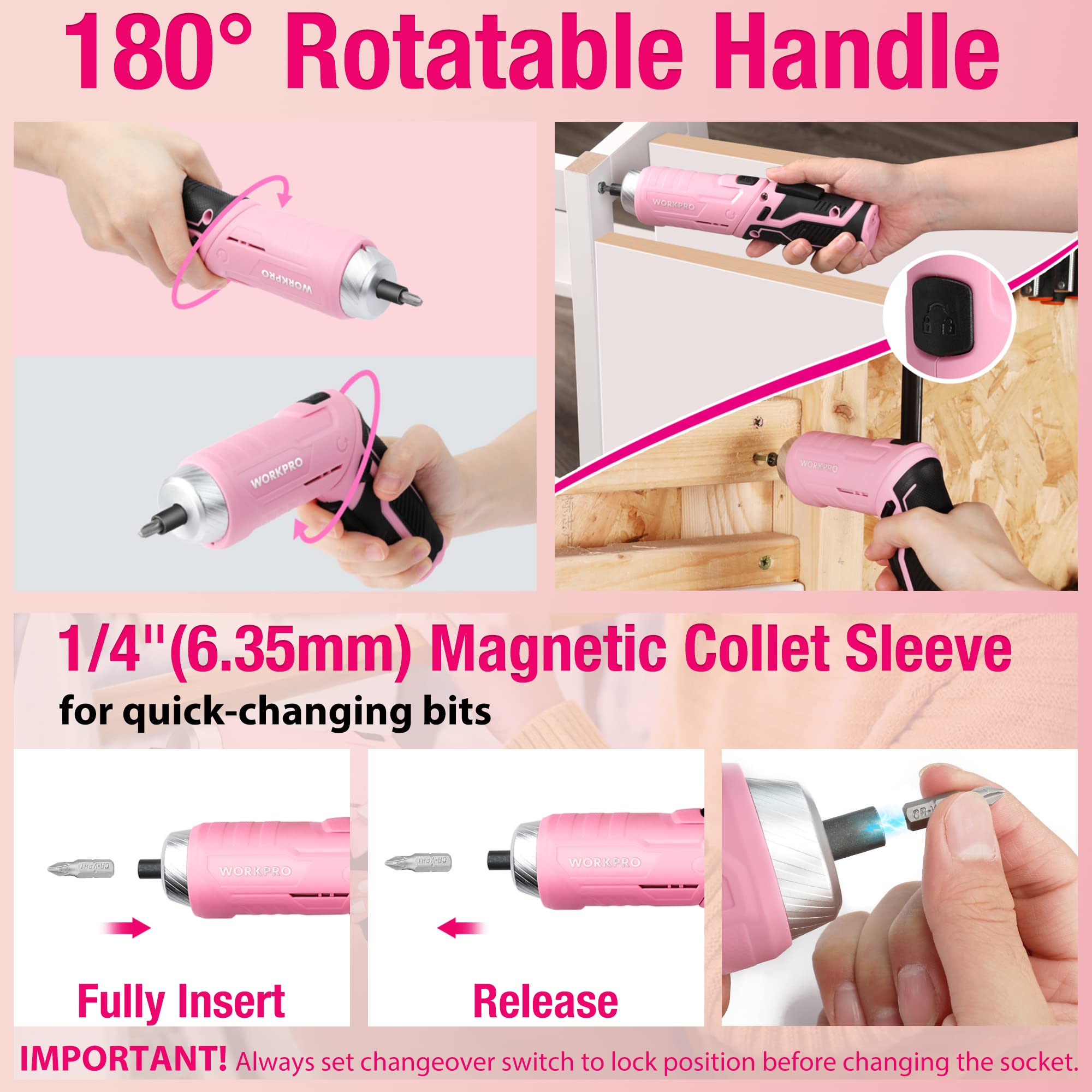 WORKPRO Werkzeugset Rosa pink 18 tlg. mit USB C Akkuschrauber klein, pinker Werkzeugkoffer gefüllt Haushalt, Werkzeugsatz für Heimwerker, Kinder, DIY Bastelei 7