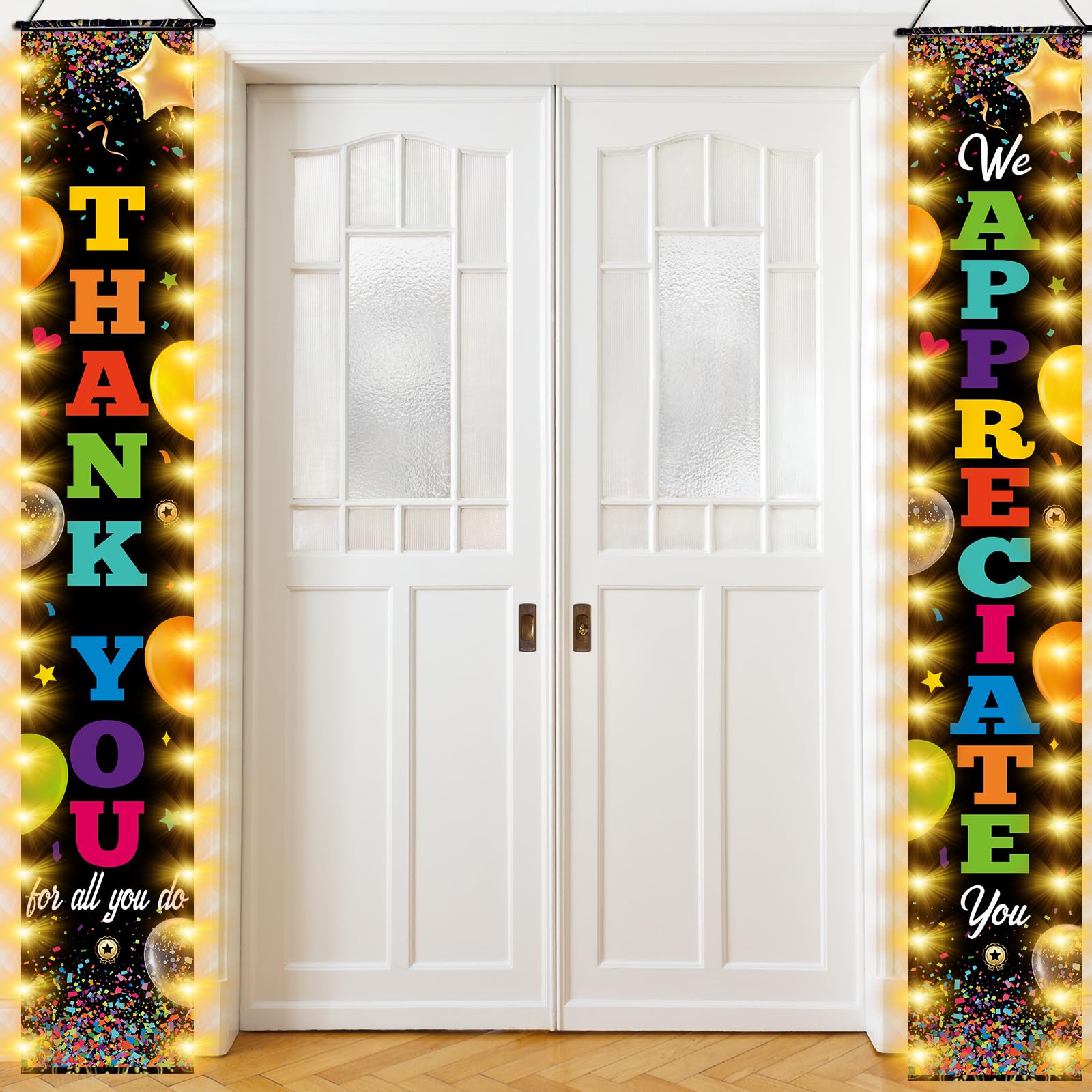 Photo 1 of 2 Pcs Lighted Thank You Banner for Pastor We Appreciation You Door Sign for Pastor Customer Service Week PA MA Appreciation Banner Employee Retirement Door Sign Christmas Decor, 12 x 71"(Black)