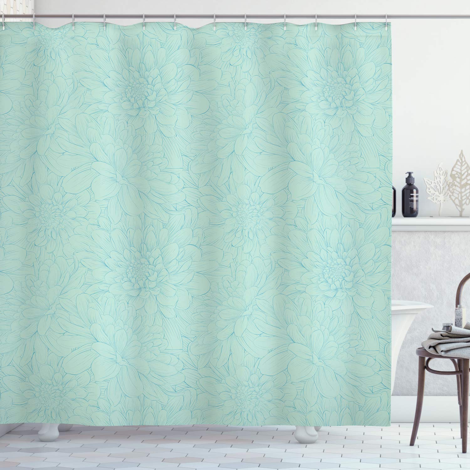 ABAKUHAUS Turquoise Shower Curtain, Dahlia Flowers Bouquet Hand Drawn Style with Brush Strokes Effect Ornamental Art, Cloth Fabric Bathroom Decor Set with Hooks, 70 Inches, Pale Blue