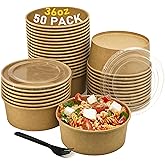 50Pack Disposable Kraft Paper Bowls 【with Lids & Forks】 36oz (1100ml) Round Food Containers Heavy Duty Serving Bowls for Hot/Cold Food Salads Take Out Containers for Household & Restaurant & Party