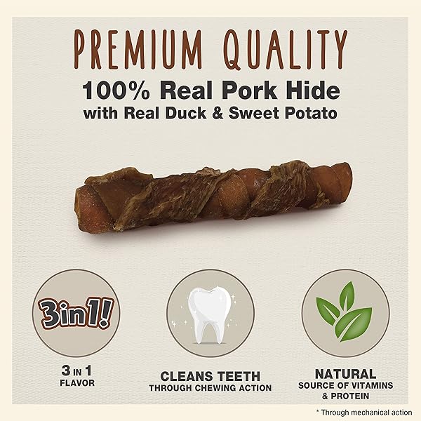 CADET GOURMET TRIPLE CHEWS PORK HIDE, SWEET POTATO, & DUCK DOG TREATS – HEALTHY DOG TREATS FOR SMALL & LARGE DOGS – INSPECTED & TESTED IN USA (6 COUNT)