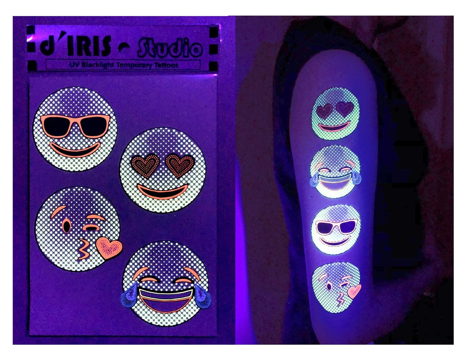 d'IRIS studio UV Glow Blacklight Temporary Tattoos-Emojis Flash Neon Toy Game Temp Party Tattoo Accessories Stickers Favor Dark Nightclub Electric Dance Music Festival Concert EDM