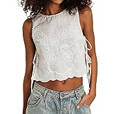 TUWIXIUW Women Side Tie Tank Top Y2k Floral Embroidery Crop Vest Sleeveless Flower Embroidered Babydoll Blouse