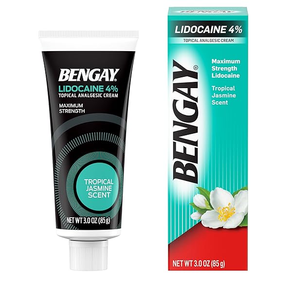 BENGAY LIDOCAINE PAIN RELIEF CREAM, MAXIMUM STRENGTH OTC, NON-GREASY TOPICAL ANALGESIC WITH 4% LIDOCAINE TO DESENSITIZE NERVES, NUMBING CREAM WITH A SOOTHING JASMINE SCENT, 3 OZ
