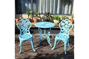KAILI KAI LI Outdoor Furniture Bistro Set with Rose Pattern 1 Table 2 Chairs for Garden Patio Porch (Rose-Light Blue)