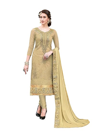 leeza store Womens Cotton a line Salwar Suit Set (Cream_Off-White_one Size)