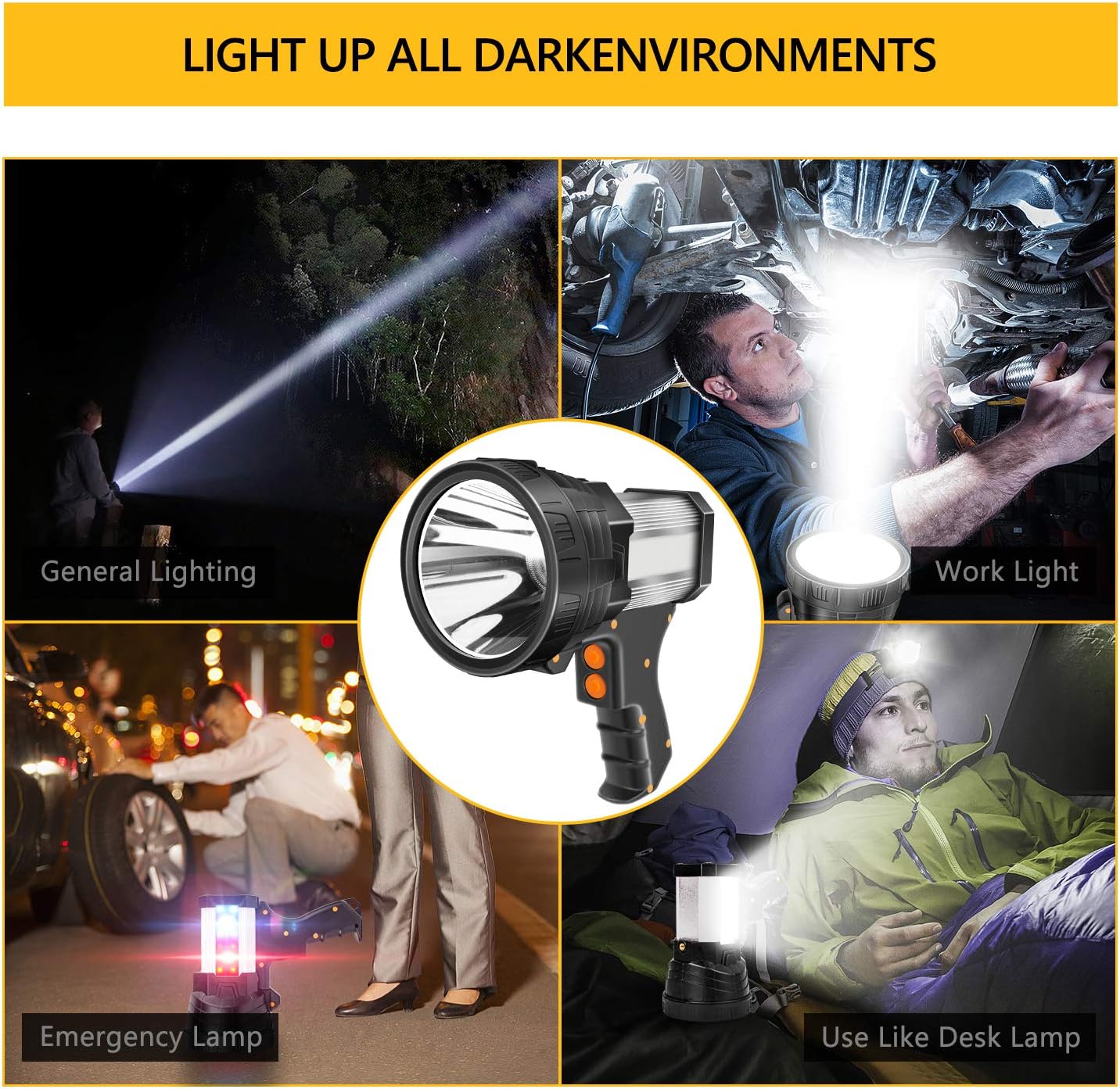 Brightest Spotlight Hand-held Portable LED Flashlight 6000 lumens 9600mAh Rechargeable Long Lasting LED Searchlight Super Bright Torchlight with USB Output Function IPX4 Waterproof (Silver) - - 