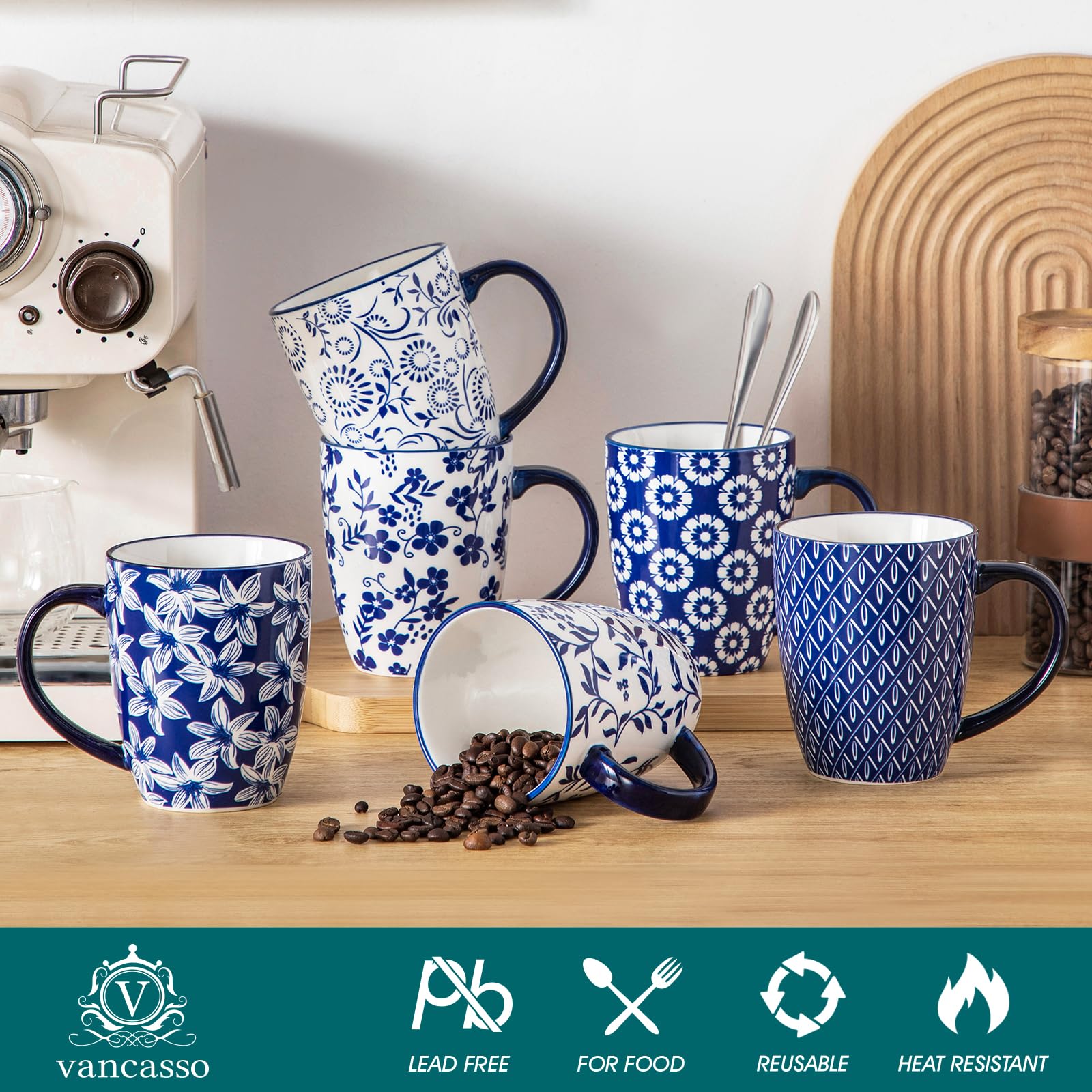 vancasso Kaffeetassen 6er Set, SELENE Porzellan Tassen, 480ml Kaffeebecher mit Henkel, Tasse für Kaffee, Milch, Tee & Kakao, Vintage Blau-weiß 3