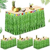 Hawaiian Luau Grass Table Skirt 9 Feet x 30 Inches Raffia Table Skirt Tiki Bar Table Decoration with Hibiscus Flowers for Tropical Hawaiian Luau Party Costume Party Decorations(Green,4 Pack)