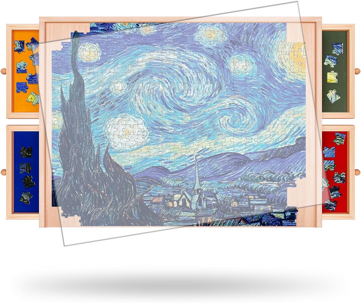 Puzzle Board with Drawers Rotatable 360-Degree Wheels and Cover 30