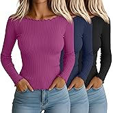 Riyiper 3 Pack Women's Long Sleeve Shirts Ribbed Cotton Boat Neck Tops Lettuce Trim Underscrub Slim Fit Casual Basic Tees