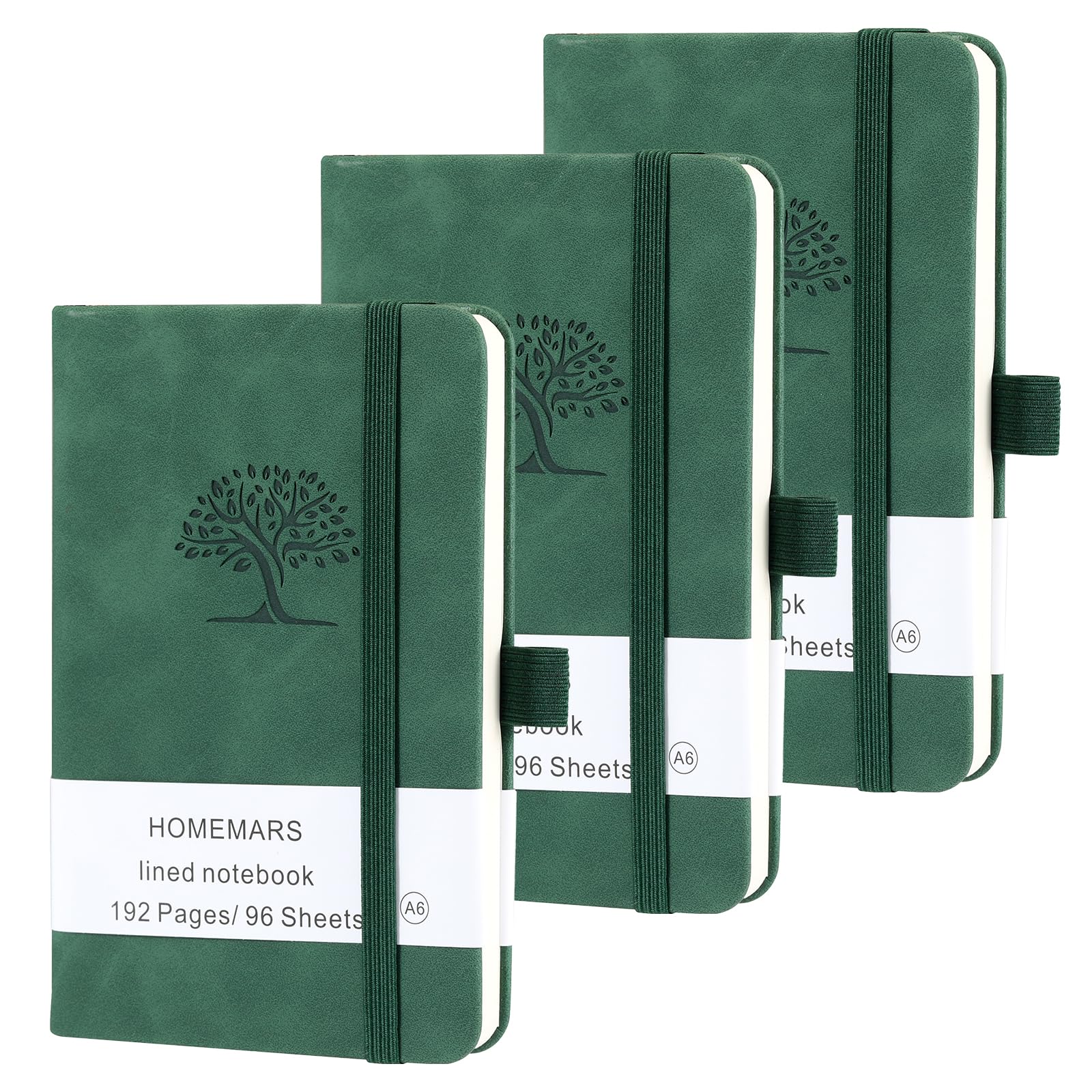 HOMEMARS Pocket Notebook, Small Notebook, 3 Pack, Pocket Notepad, 14.4 cm x 9.6cm, A6 Notebook, Green, 192 Pages Each, Hardcover, Lined Paper, Vegan Leather with Pen Loop, Embossing Tree Design