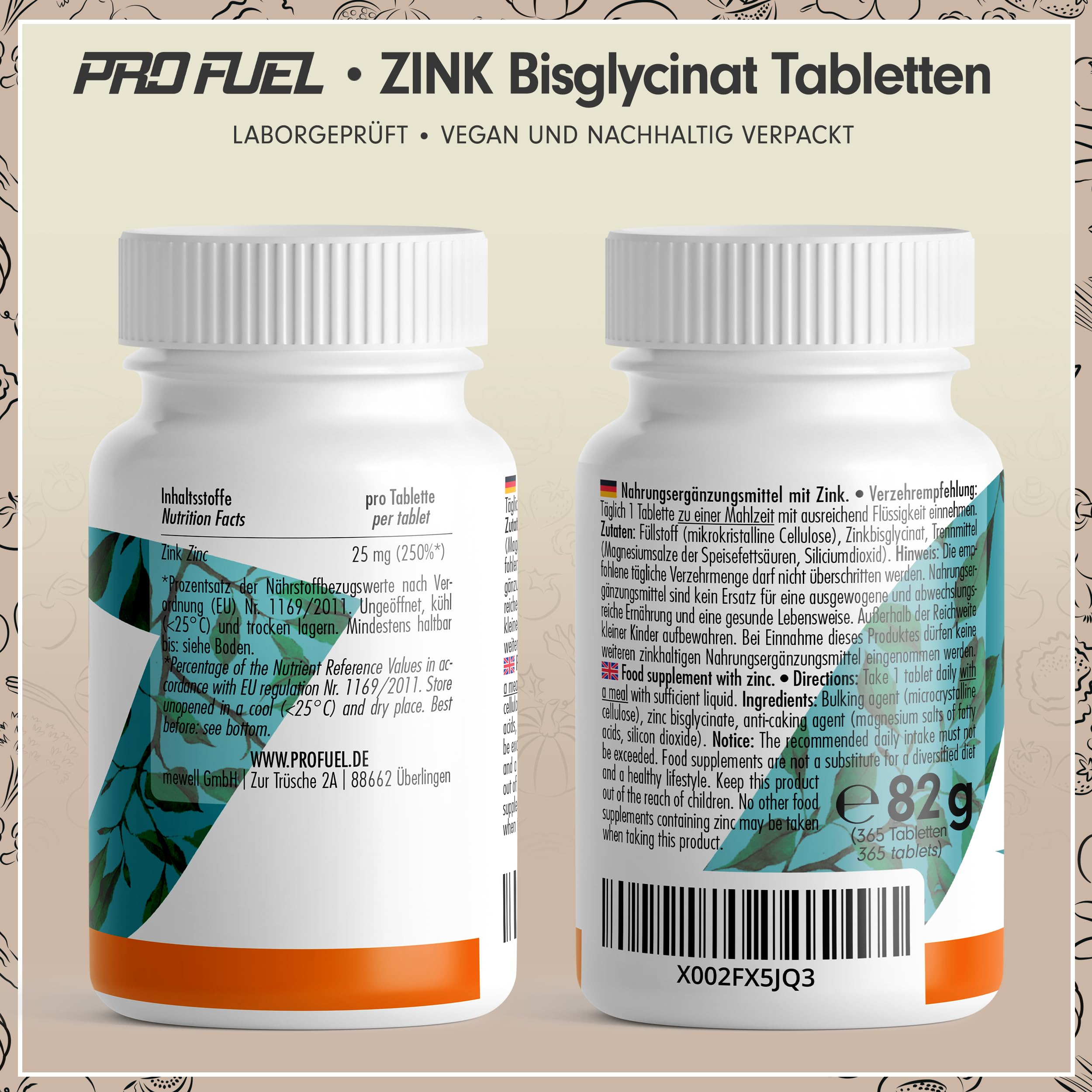 Zink 25mg - 365 Tabletten (vegan) mit Zinkbisglycinat (Zink-Chelat) für höchste Bioverfügbarkeit - laborgeprüft mit Zertifikat - optimal hochdosiert - 1 Jahresvorrat - ProFuel 6