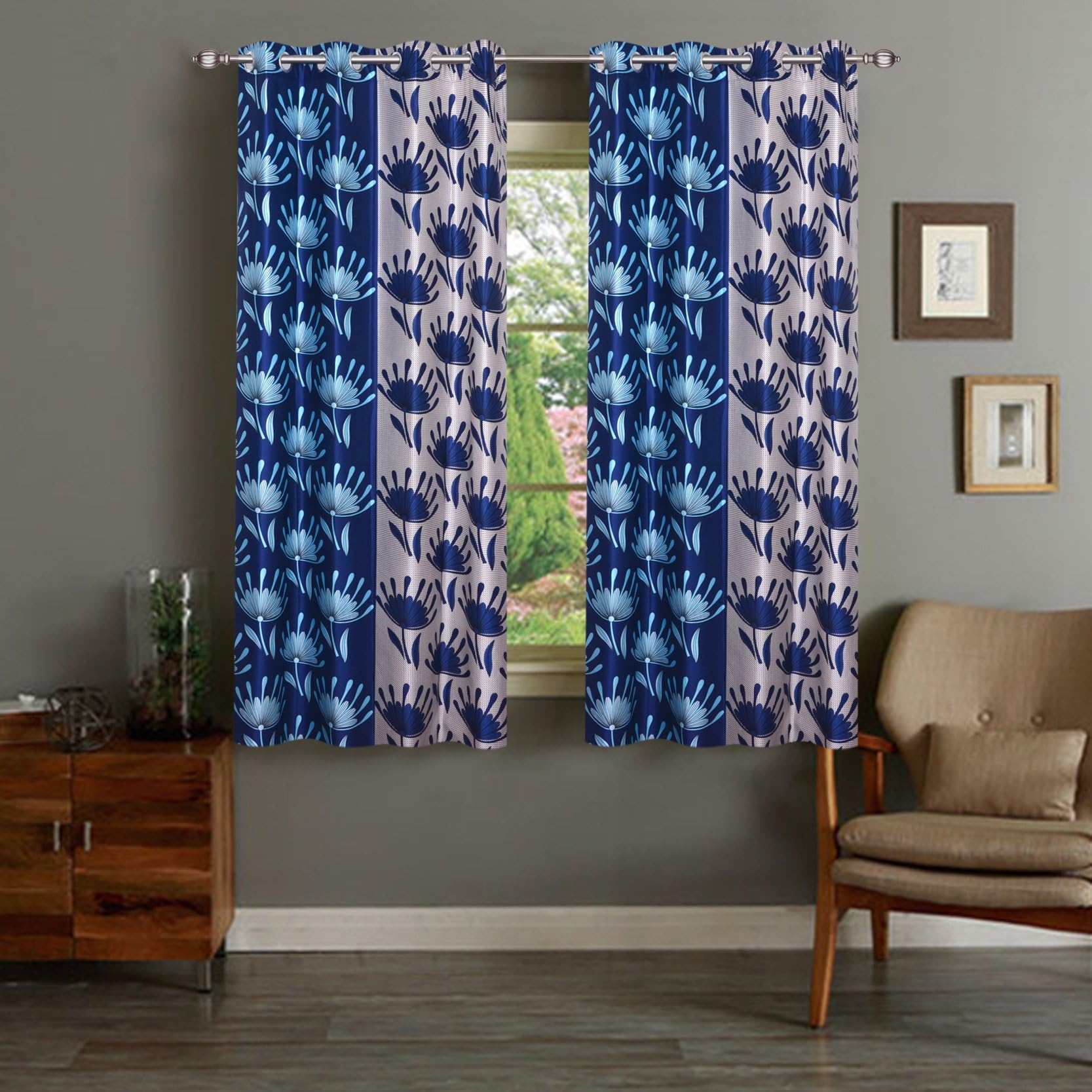 Amayra Home Polyester Luxury Printed Eyelet Window Curtains, 5ft(Aqua) - Pack of 2