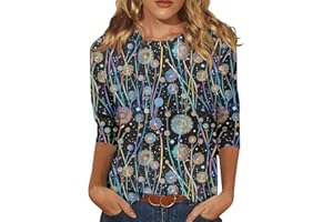 WJDNHKYD Women's 3/4 Sleeve Shirts Crew Neck Loose Tops Casual Solid Color Tshirts Trendy Basic Tunic Summer Ladies Tops