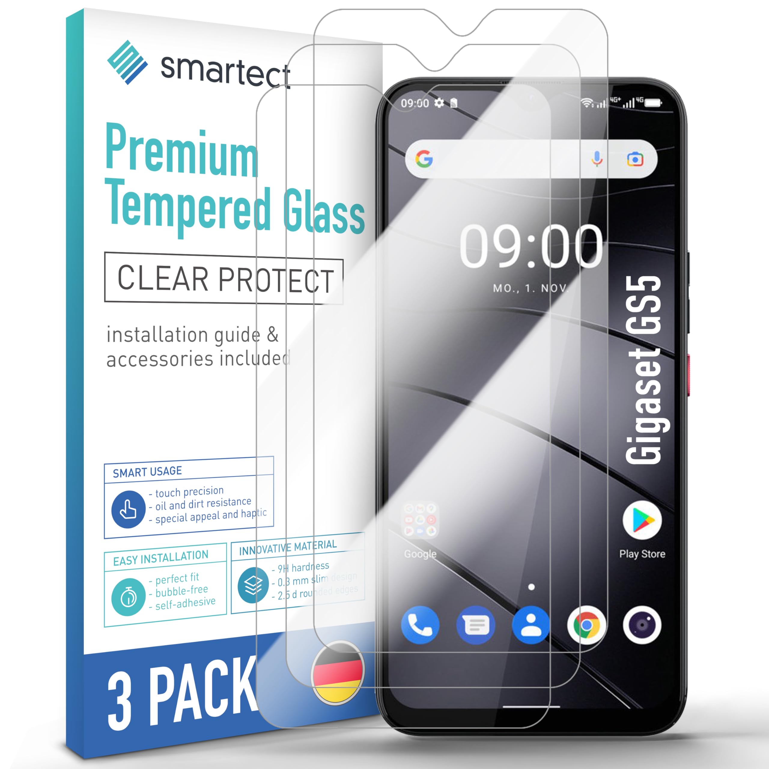 smartect Glass Screen Protector [3 Pieces, Ultra-Clear] for Gigaset GS5 / GS5 Lite / GS5 Senior / GS4 / GS290, HD Protective Film Anti Scratch, Bubble Free, 9H Hardness, Ultra Resistant