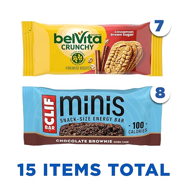 CLIF BAR MINIS ENERGY BARS & BELVITA CRUNCHY BREAKFAST BISCUITS, SNACK VARIETY PACK, 15 SNACK PACKS