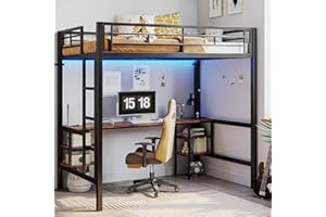 ANCTOR Loft Bed Twin Size with Desk and 4 Storage Shelves, Metal Loft Bed Frame with Power Outlet and LED Lighted, Safety Guard & Ladder, Space-Saving, Noise Free, Black