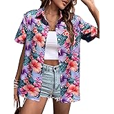 Women's Hawaiian Shirts Floral Tropic Print V Neck Button Down Shirt Summer Hawaii Short Sleeve Blouse Tops