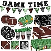 Football Party Supplies Decor Kit for 24 Guests - 3 Tablecloths, Microwave-Safe Plates, Napkins, Cups, Cutlery & GAME TIME Banner | Football Touchdown Decor for Birthday, Tailgate Party, Big Game Day