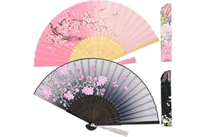Zolee 2 PCS Small Folding Hand Fans for Women - Chinese Japanese Vintage Bamboo Silk Fans - for Dance, Performance, Decoration, Wedding, Party，Gift (Gray & Pink Sakura)
