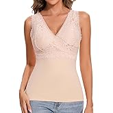 Miguofan Slimming Tank Top for Women V Neck Lace Camisole Tops with Built in Bra Cami Vest Base Layer