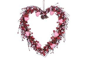 VioletEverGarden Valentine’s Day Wreath,15” Heart Shaped Wreath with Red Berries and Small Pink Hearts for Valentine’s Day Wedding Festival Decor