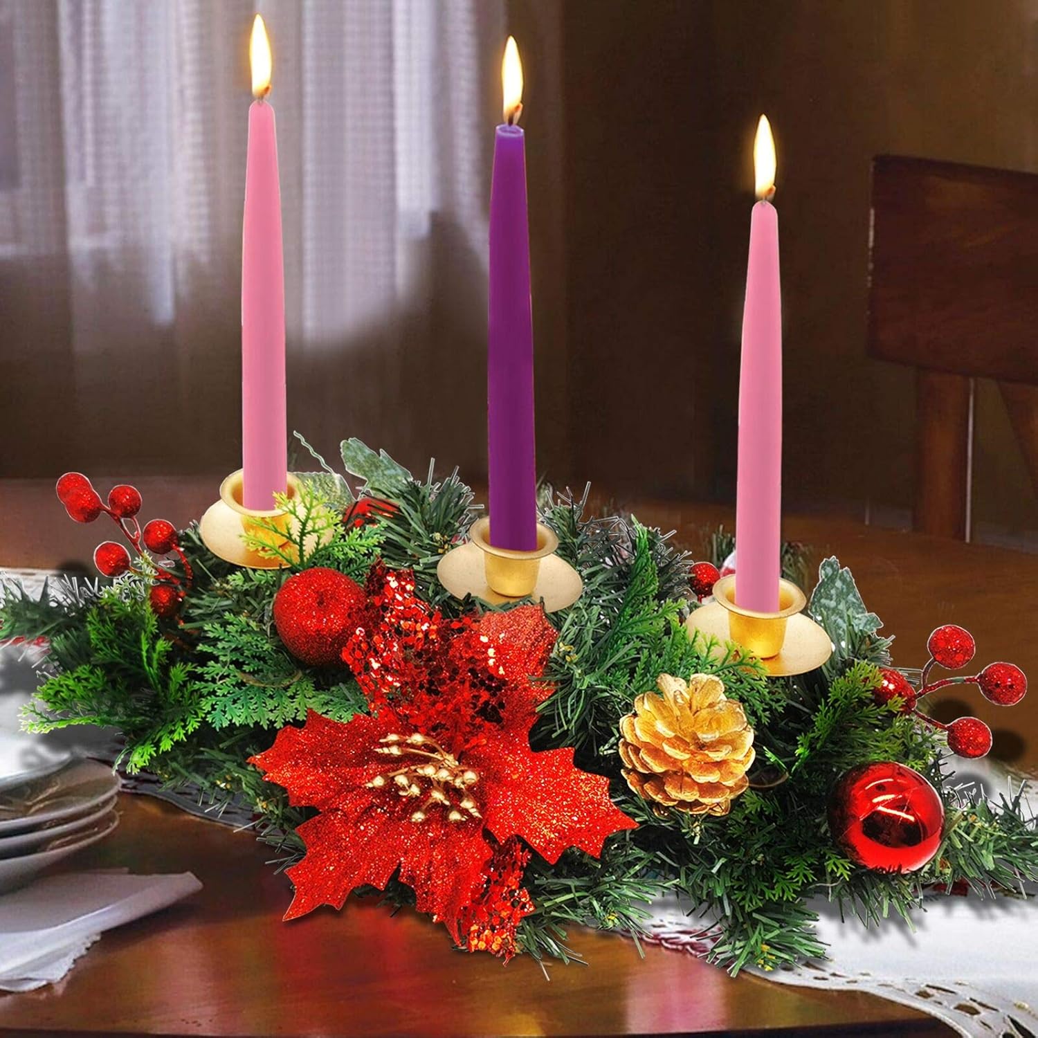 20 Inch Christmas Advent Wreath Christmas Decoration Oval 3 Candles Holder with Glitter Sequin Poinsettia Red Berries Ball Ivy Leaves Shrubs Advent Season Holiday Xmas Decor Indoor Home