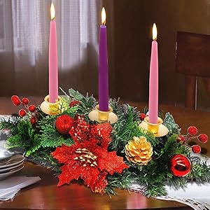 20 Inch Christmas Advent Wreath Christmas Decoration Oval 3 Candles Holder with Glitter Sequin Poinsettia Red Berries Ball Ivy Leaves Shrubs Advent Season Holiday Xmas Decor Indoor Home