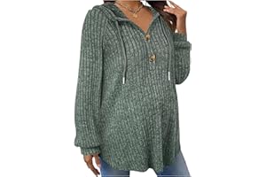 BEAUDRM Women's Maternity Half Button Sweatshirts Long Sleeve Ribbed Knit Drawstring Hoodie