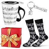 Tioncy 4 Pcs Music Lover Teacher Gifts - Music Coffee Mug Cup with Lid, Note Socks, Keychain, Red Gift Box for Graduation, Birthday, Christmas Students, Men, Women, Band, Musician