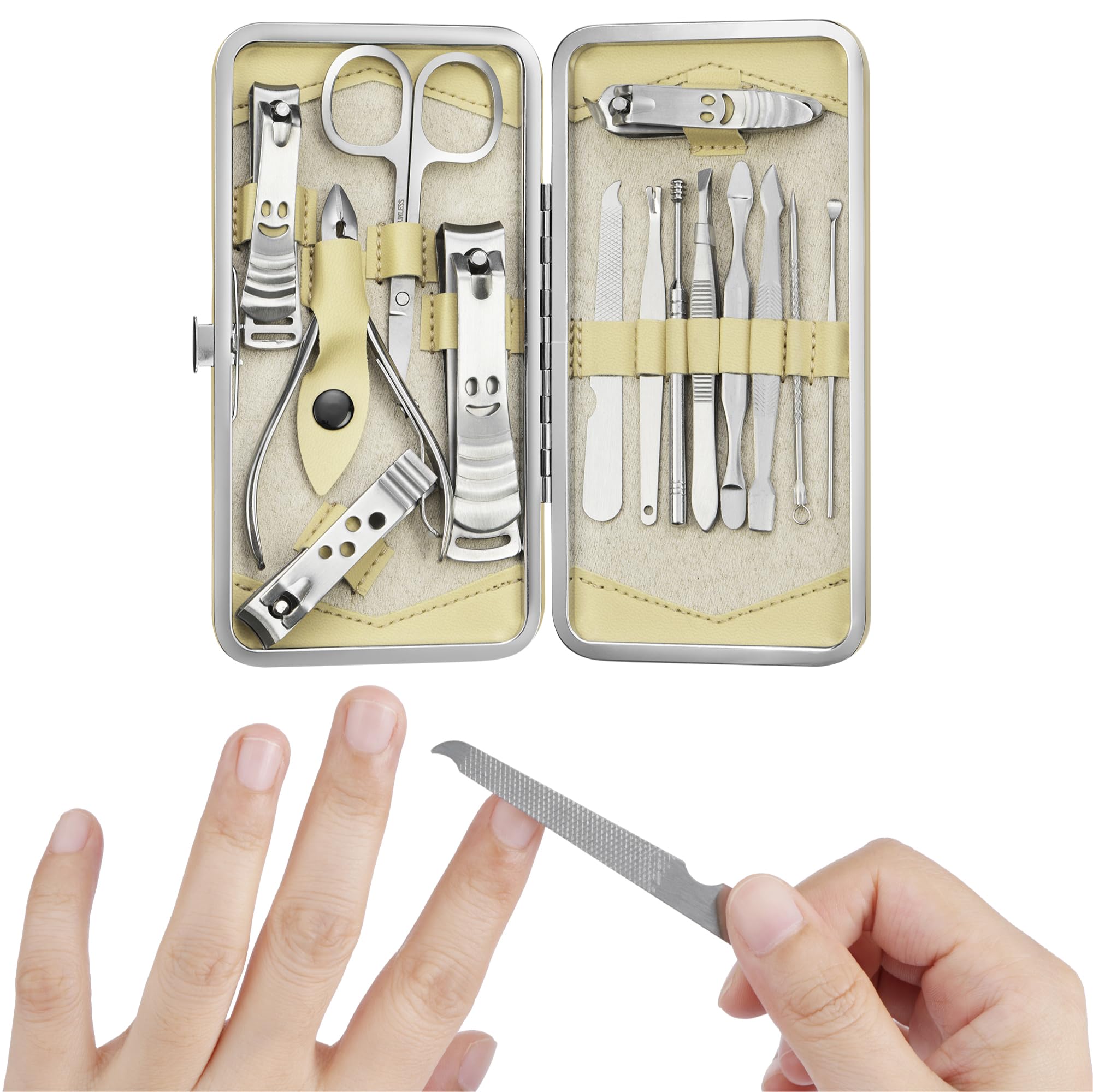 H&S Manicure Set - Pedicure and Manicure Kit for Women & Men - 14 pcs - Stainless Steel Nail Clippers & Cuticle Remover - Cutter Trimming Grooming Tools - w/Beige Leather Case