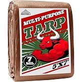 MVPNET 5x7Ft 7mil Waterproof Tarp Reinforced Edges Grommets, Green/Brown | Fully waterproof dual-color tarp, 36in grommets &amp; rope edges, for auto, pool, camp &amp; yard.