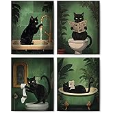 FITIE Funny Black Cat Bathroom Wall Art Prints Set of 4, Funny Black Cat Reading on Toilet Bathtub Wall Art Posters for Bathroom Washroom Restroom Decor, 8x10 Unframed