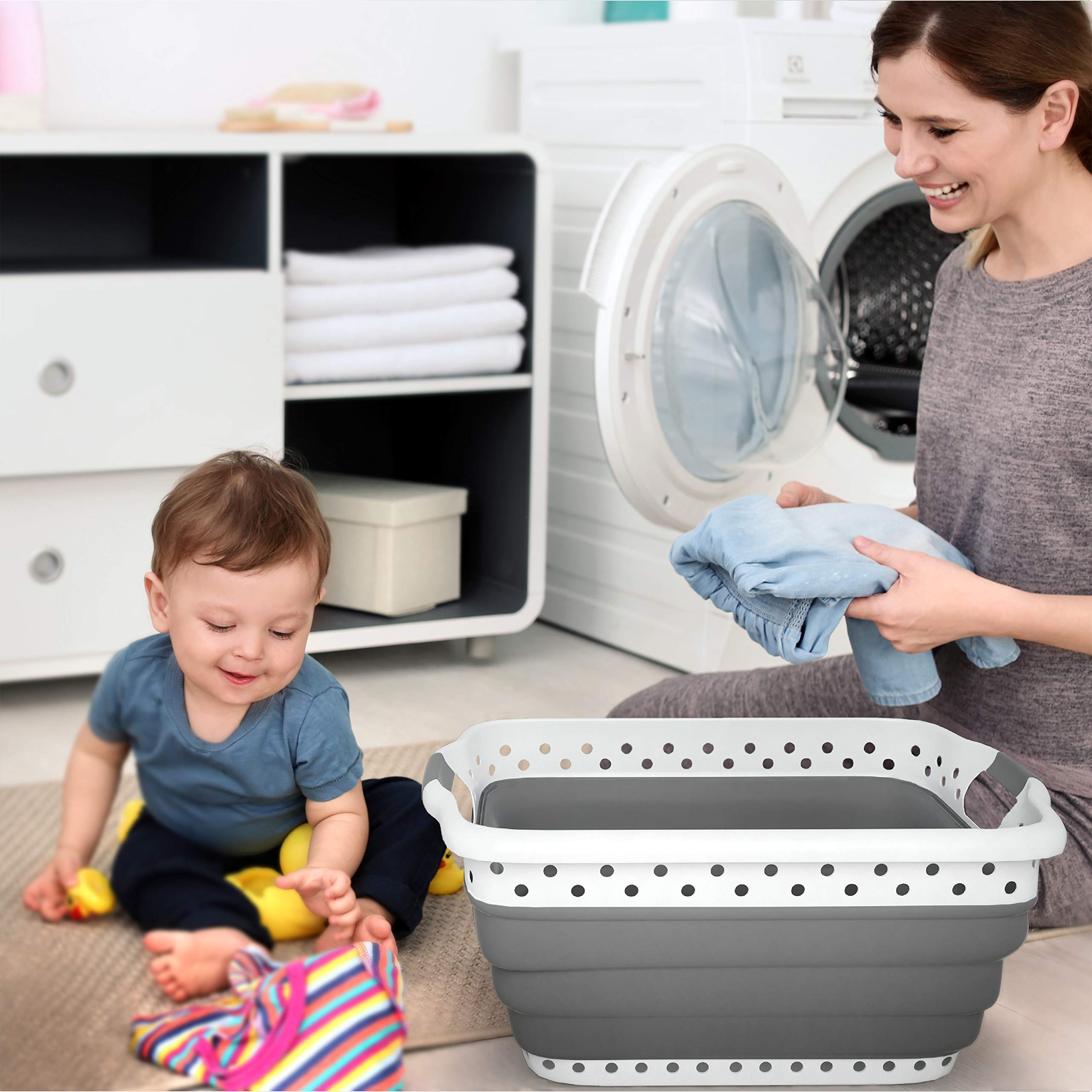 Collapsible Plastic Laundry Basket - Space-Saving Container with Comfort Grip Handles for Laundry Room Organization and Storage by Lavish Home (Gray)