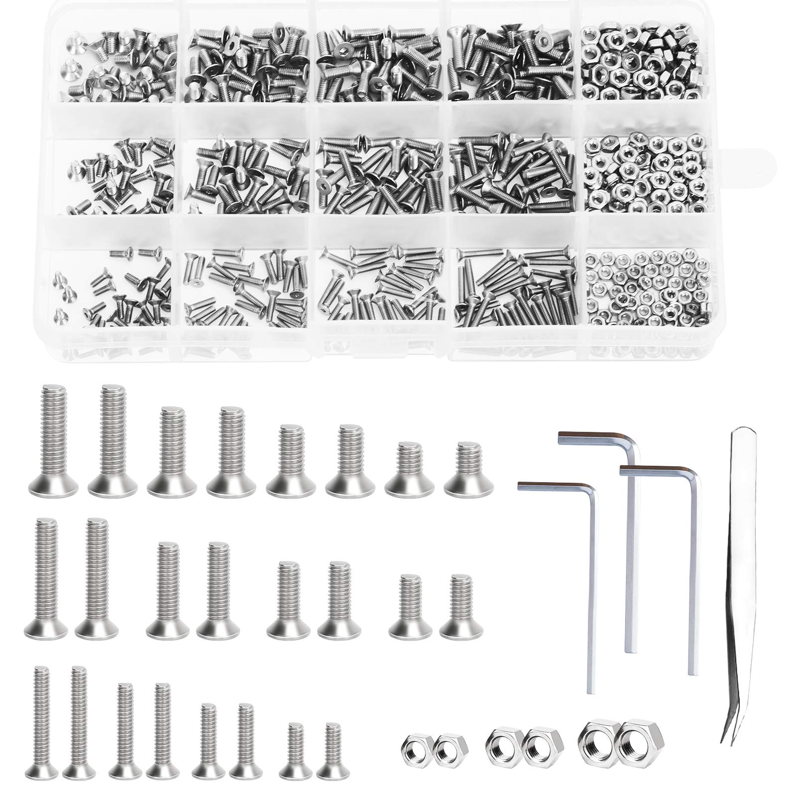 CHALA 570pcs Bolt Nut Washers Set,M2 M2.5 M3 Stainless Steel Hex Socket Button Head Cap Assortment Kit with 3pcs Allen Wrench and Tweezers for Household Office Industrial Precision Electronic