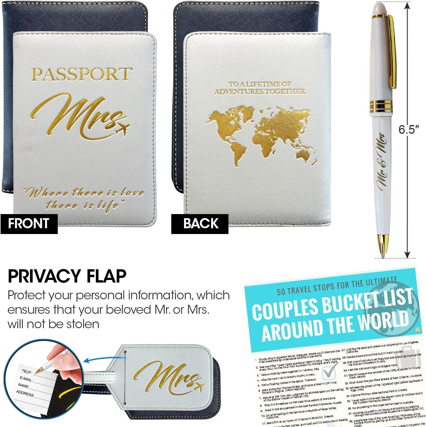DELUXY Honeymoon Luggage - Mr and Mrs Luggage Tags + Passport Holder - Memorable Bridal Shower Gifts, Wedding Gifts for Couple, Engagement Gifts for Couples- Mr & Mrs Engraved Pen Included: Office Products