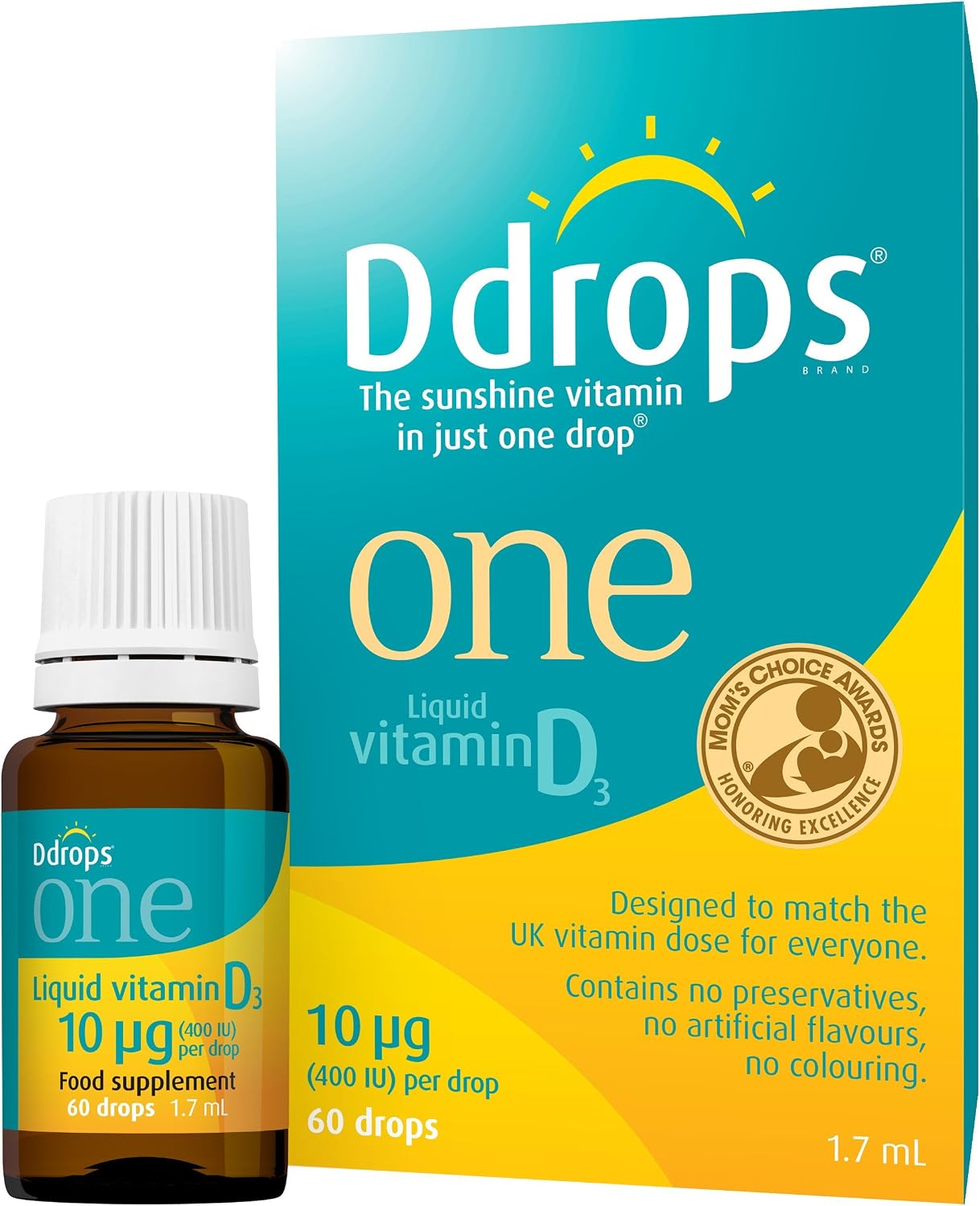 Ddrops One 10 µg 60 Drops, Daily Vitamin D3 Supplement for Kids & Adults. Support Bone Health & Immune System