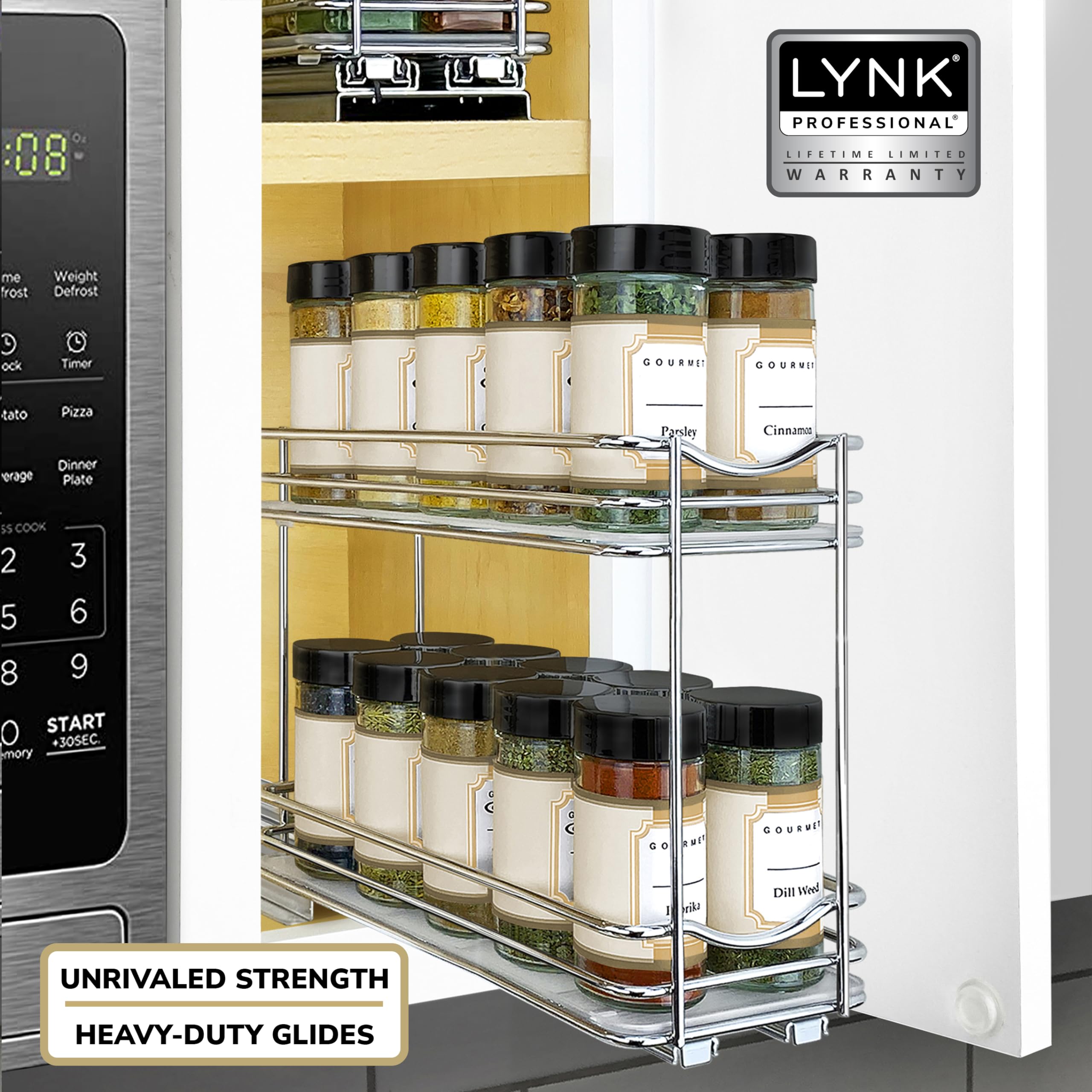 LYNK PROFESSIONAL® Pull Out Spice Rack Organizer for Inside Kitchen Cabinets - 4-3/8 inch Wide - Slide Out Drawer – Chrome Sliding Spice Cabinet Organization Shelf Racks - 2 Tier