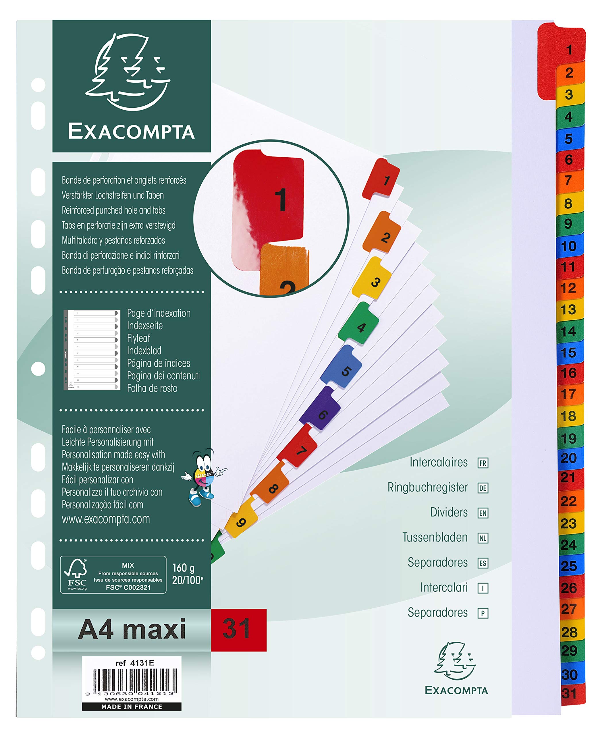 Exacompta - Ref 4131E - Mylar Printed Indices - For Use With A4+ Documents, Pre-Punched, 160gsm White Card with Reinforced Plastic Tabs, FSC-Certified - 31-Part Dividers (1-31)