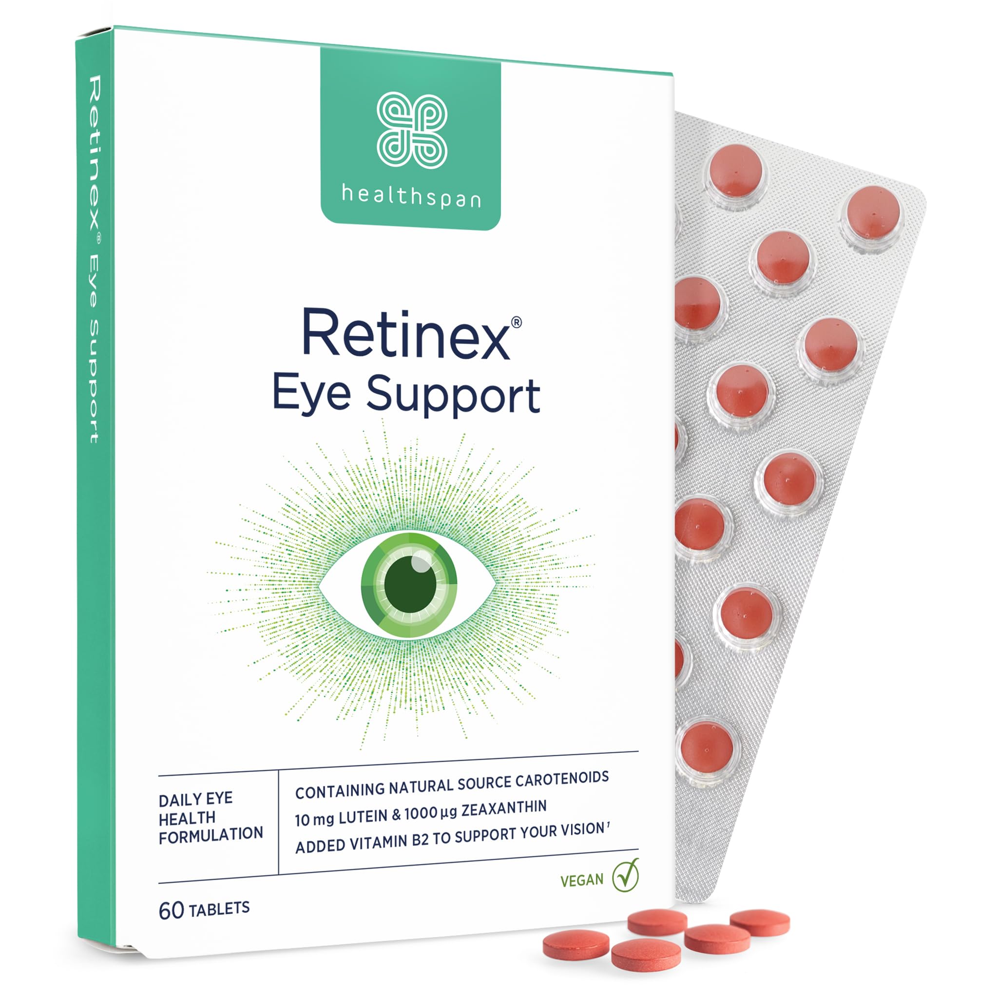 Healthspan Retinex Eye Support (60 Tablets) | Support Your Eye Health |10mg Lutein & 1000ug Zeaxanthin | Added Vitamin B2 Contributes to Normal Vision | Vegan