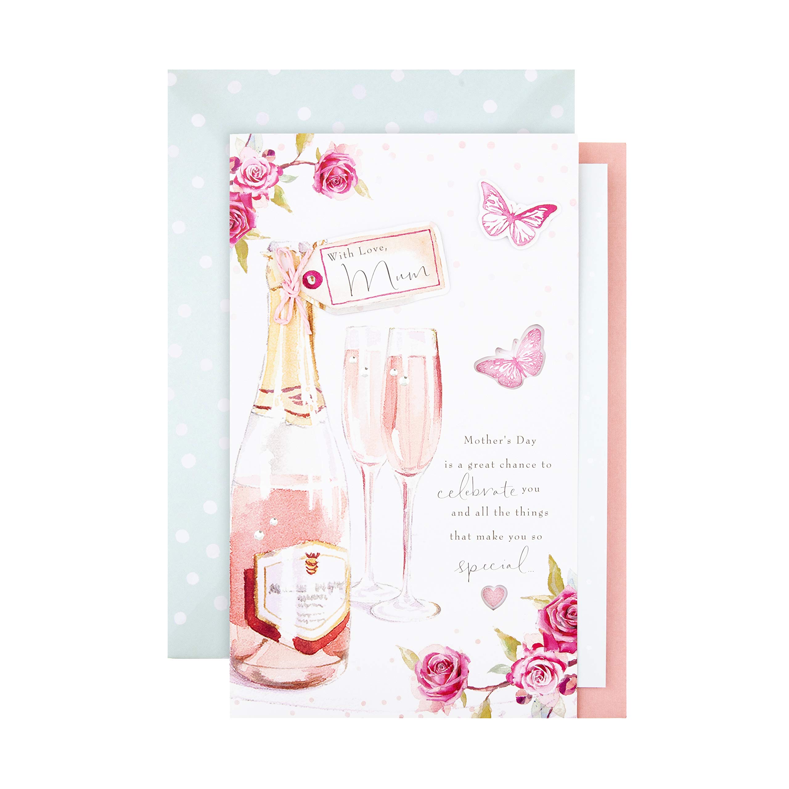 Hallmark Large Mothers Day Card for Mum, Prosecco & Glasses Design, Classic Lucy Cromwell Design, Pink, White